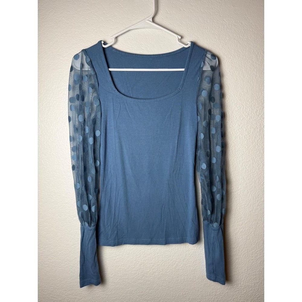 Y2K Blue‎ Ribbed Mesh Polka Dot Sleeve Square Neck Small Fairy Grunge Coquette